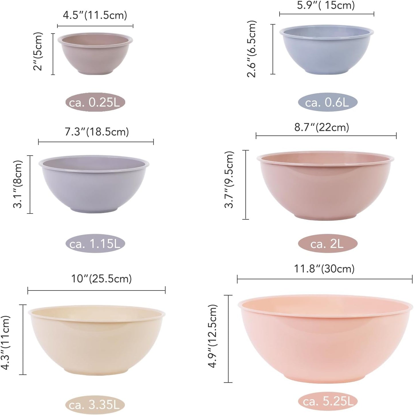 BoxedHome BPA Free Plastic Round Mixing Bowl with Lids, 12 Pack Nesting Bowls with Lids Set, Microwave and Dishwasher Safe Prep & Serving Bowls Great for Mixing, Baking, Serving (Khaki Pink, 12pcs)