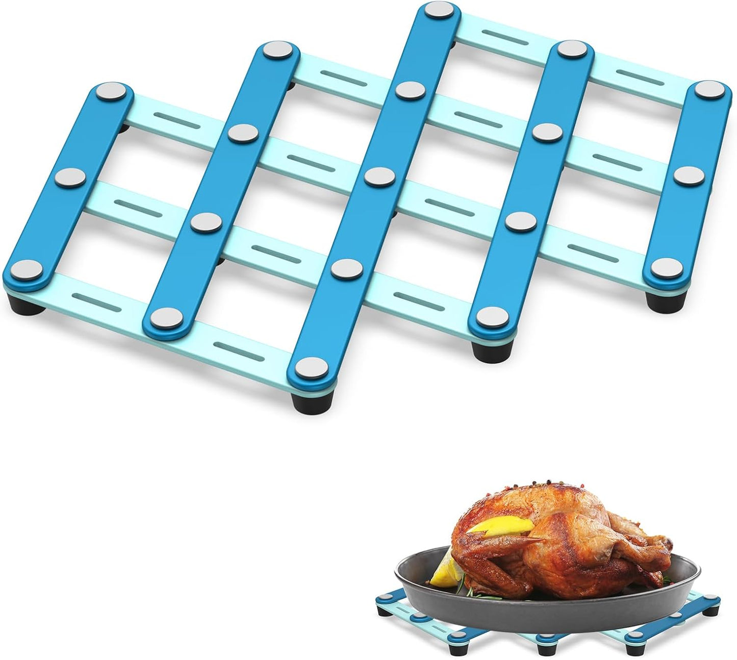 2 Pcs Stainless Steel Trivets for Hot Dishes, Two-Tone Blue Trivet Set, Large Hot Pads for Countertops&Table, Stretchable Design,Multi-Use, Heat Resistant Mat, Kitchen Pad for Pan, Pot, Plate,Teapot