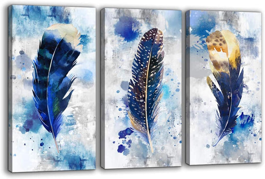 Pogusmavi Blue Canvas Wall Art for Living Room Large Modern Artwork Watercolor Feather Print Picture 3 pieces Canvas Wall Art Bedroom Wall Decor Ready to Hang for Home Office Decoration