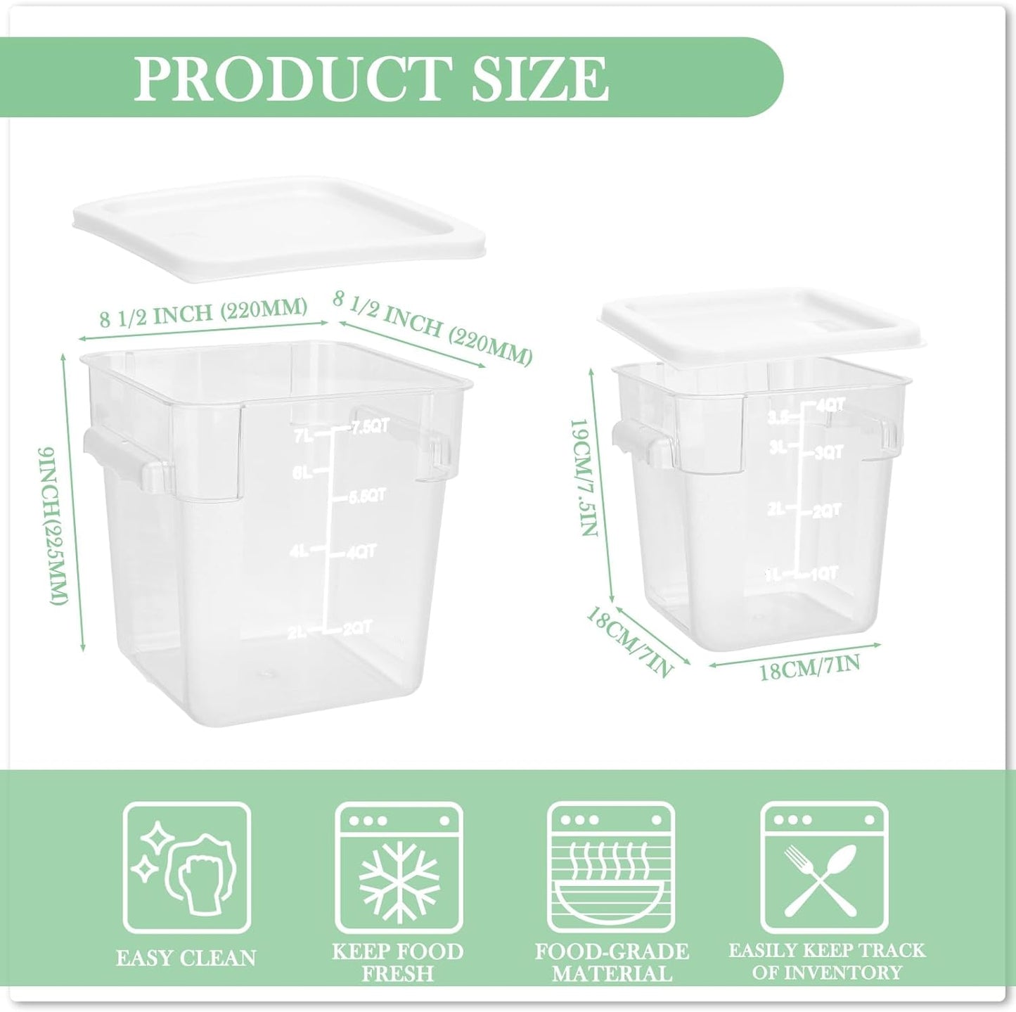 Lallisa 4 Pcs 8 Qt and 4 Qt Clear Food Storage Containers with Lids, Handles and Scales, Commercial Grade Square Containers Polycarbonate Air Tight for Home Storage Kitchen Restaurant(White)