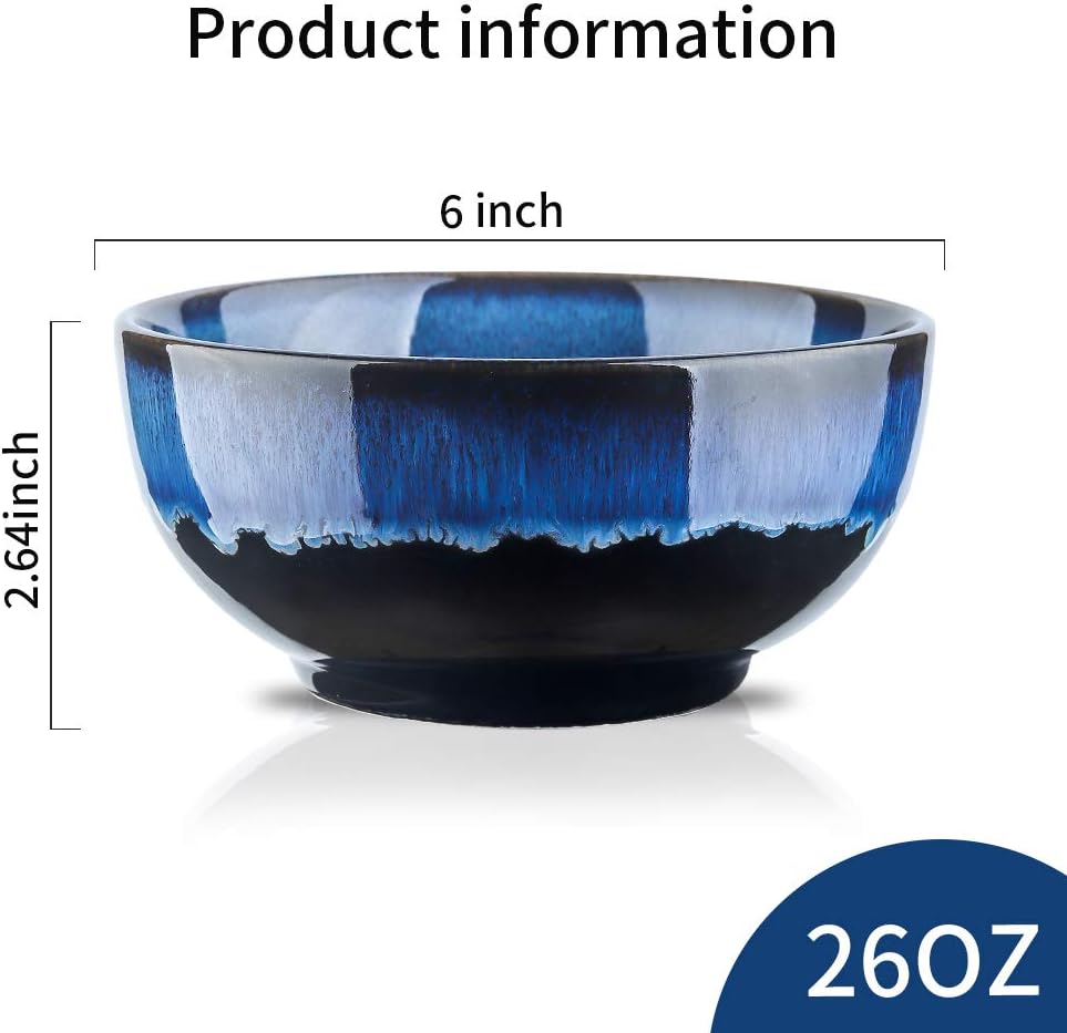 24 Ounce Soup Bowl Set, Porcelain Cereal Bowls Microwave And Dishwasher Safe, Ceramic Kitchen Bowls For Oatmeal Breakfast, Chip, Rice, Reactive Glaze Set of 4 (Nebule Blue)