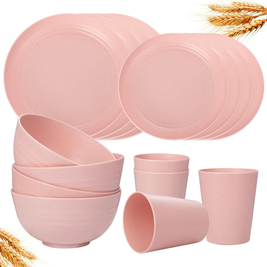 Rubtlamp 16Pcs Plastic Wheat Straw Dinnerware Set, Reusable Plastic Plate Set for 4, Kitchen Plates And Bowls Set (Pink) Include Dinner Platos, Dessert Platos, Cereal Bowls, Cups for Daily, Camping