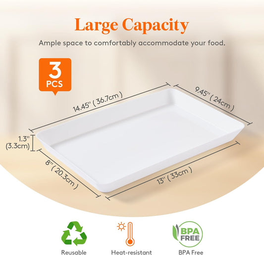 Lifewit Reusable Plastic Serving Tray, 15" x 10" White Platters for Party, Large Tray Dishes for Serving Food, Buffet, Snacks, Fruit, Rectangle, Thanksgiving Christmas Essentials, 3 Sets, BPA Free