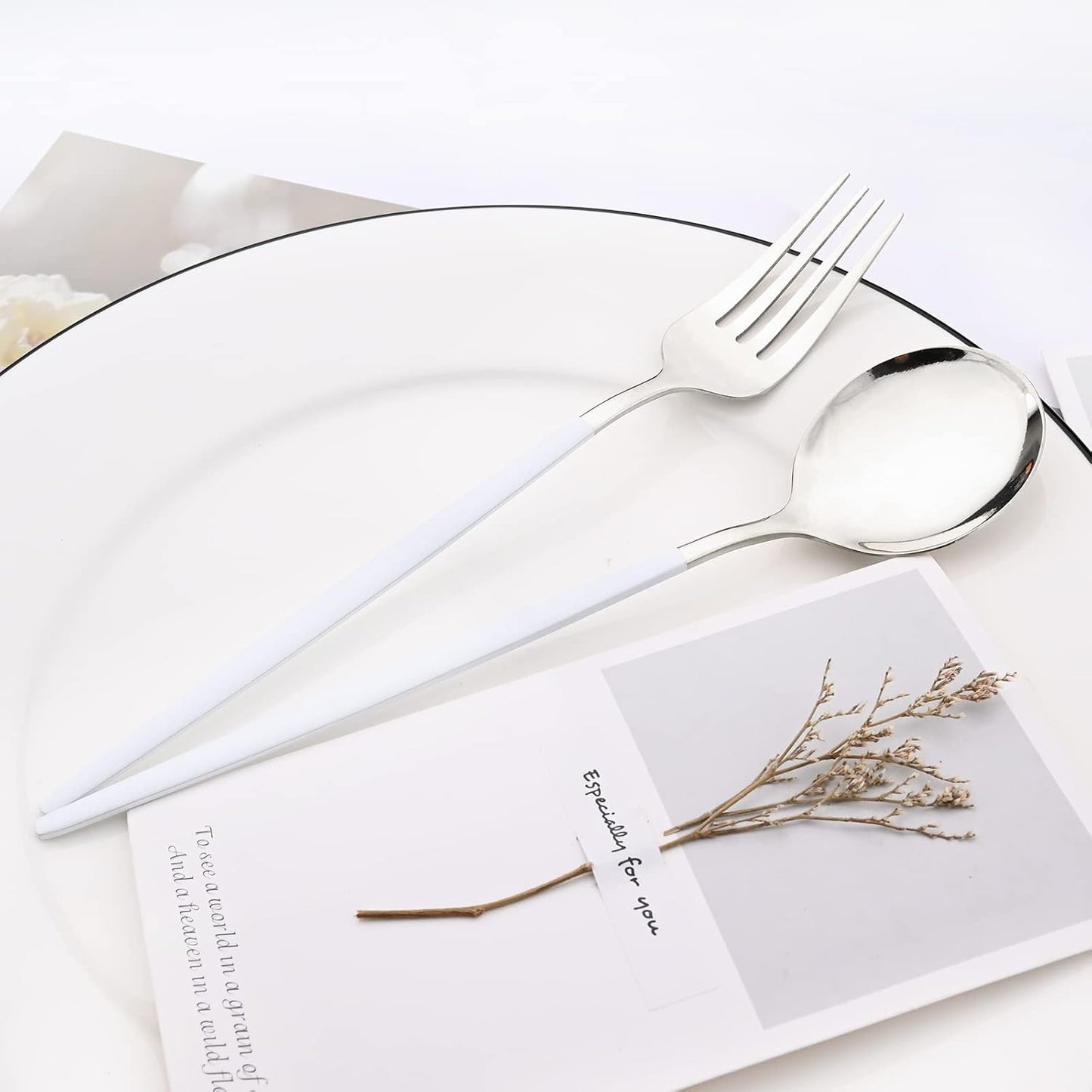 Mirror Cutlery Serving Set, 24-piece 18/0 Stainless Steel Silverware With White Handle Simple & Modern Tableware For Home Party Restaurant Christmas Dinner, Service For 6 (White Silver)