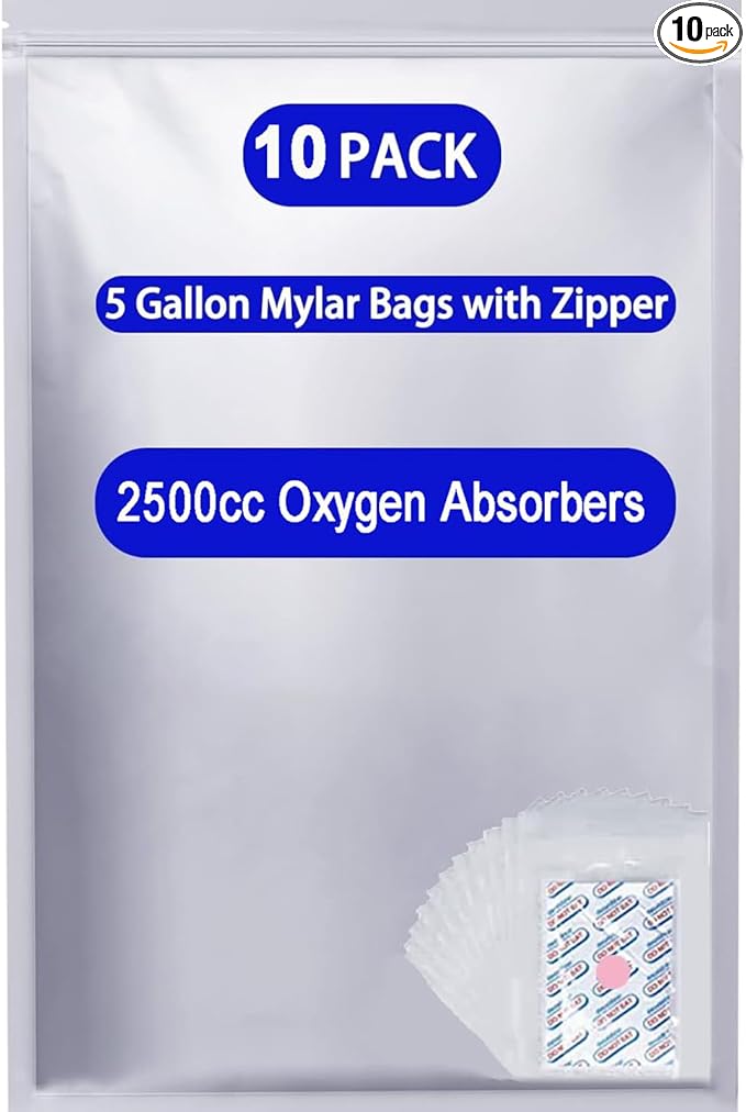 10 Pcs 5 Gallon Mylar Bags with 10 Pcs Individually Wrapped 2500CC Oxygen Absorbers for food storage, Zipper Resealable Heat Sealable Bags, 23.6"x15.7" with label paper.