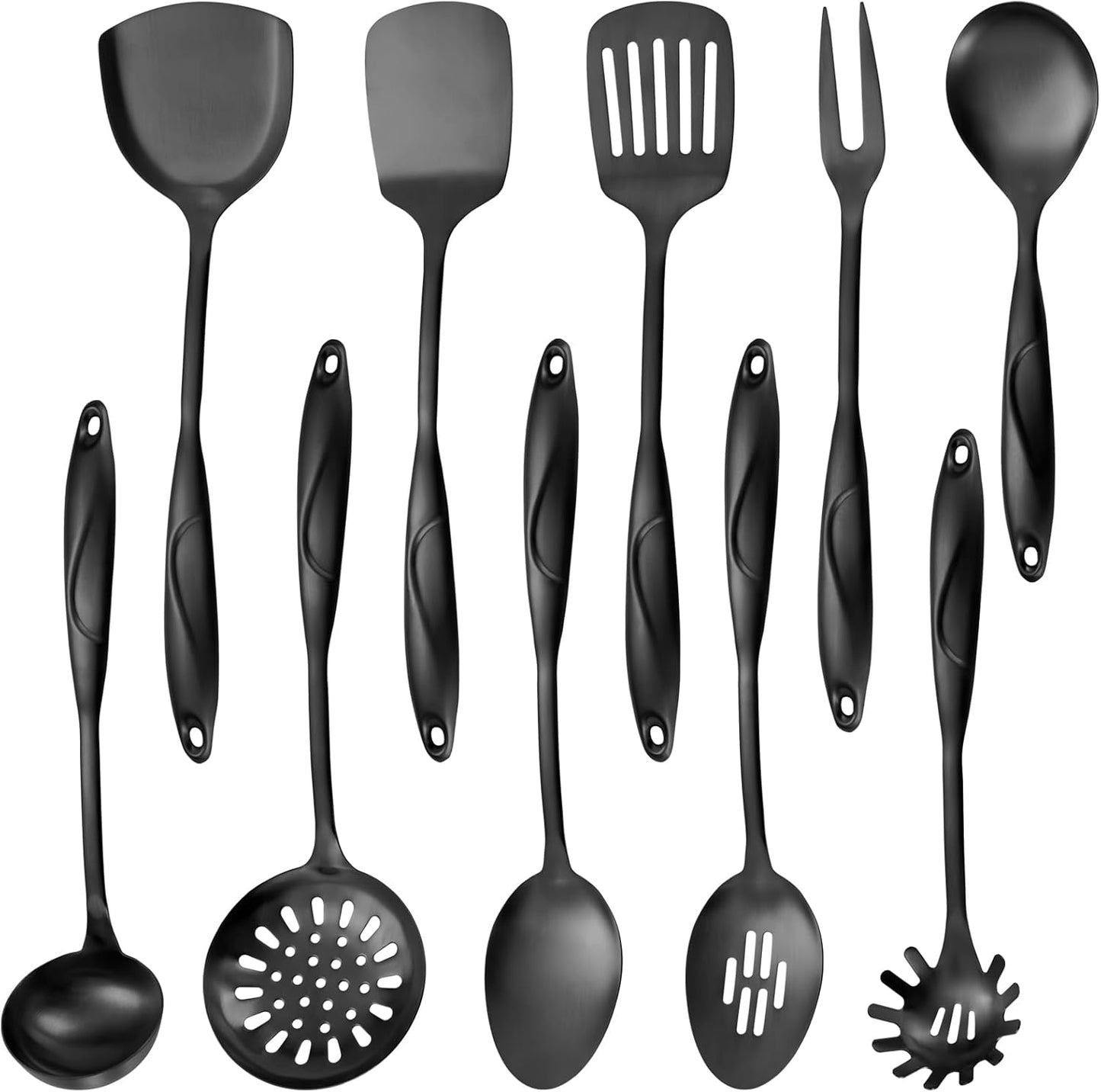304 Stainlss Steel Kitchen Utensils Set, 10 Pcs Metal Cooking Utensil, Matte Kitchen Gadget Cookware and Kitchen Tool Set, Dishwasher Safe(Black)