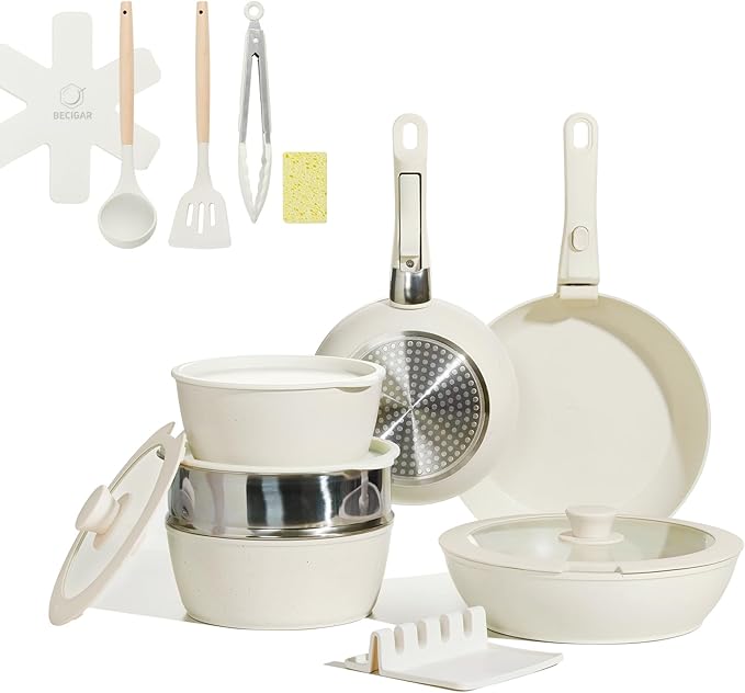 21PCS Nonstick Ceramic Pots and Pans, Ceramic Cookware with Detachable Handle, RV Kitchen Cookware Set, Cookware Set with Removable Handles, Oven Safe, Stackable Storage