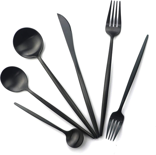 Gugrida 6 Pieces Matte Black Handle 18/10 Stainless Steel Silverware Set, Flatware Set Black Cutlery Set, Utensils Set for Home Restaurant, Dishwasher Safe (Full Black)
