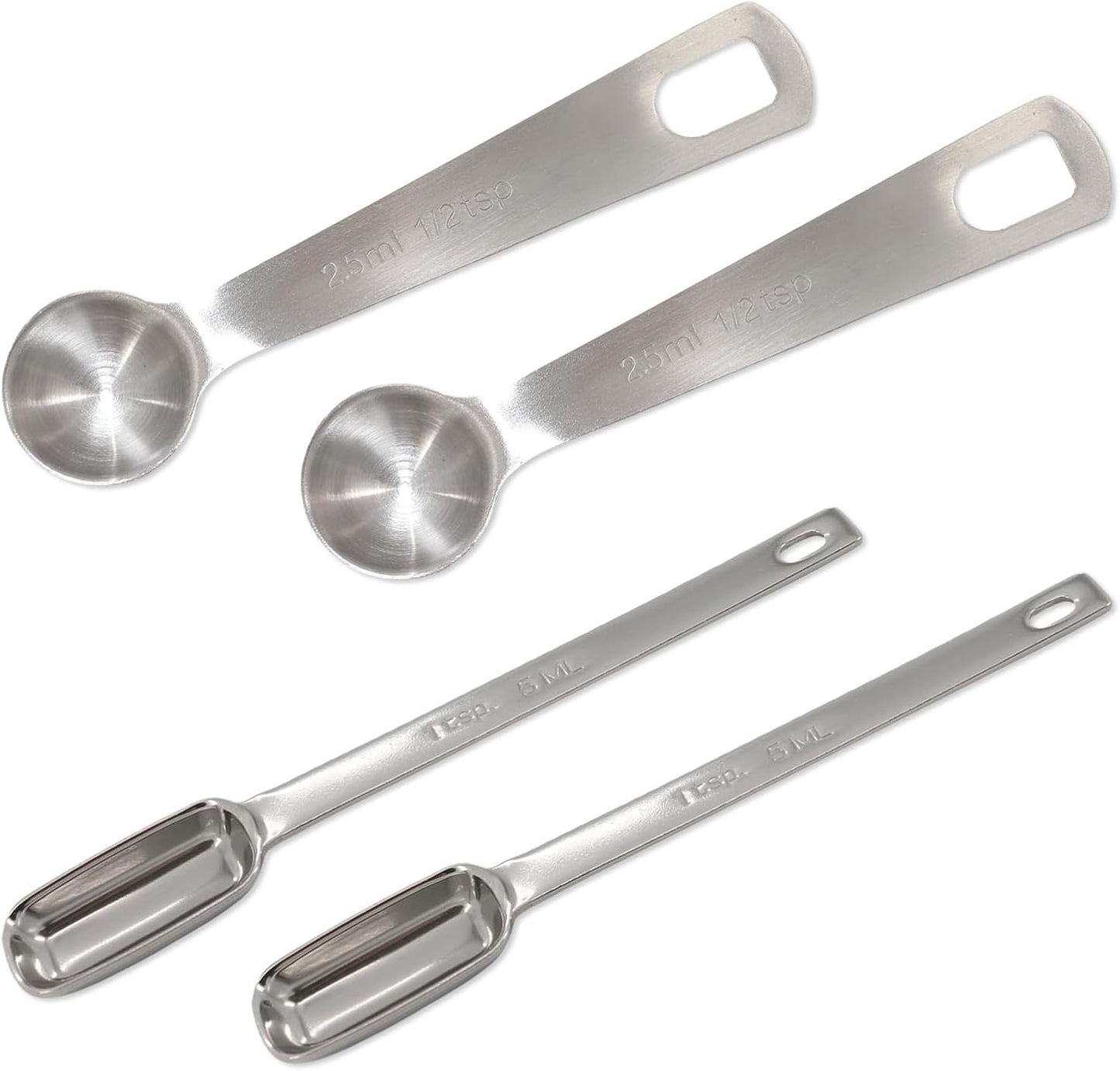 Stainless Steel Measuring Spoons 4 Pcs Teaspoon Measuring Spoons Round and Square, Long Handle with Scale, Suitable for Kitchen, Baking, Seasoning (2.5ml, 5ml)