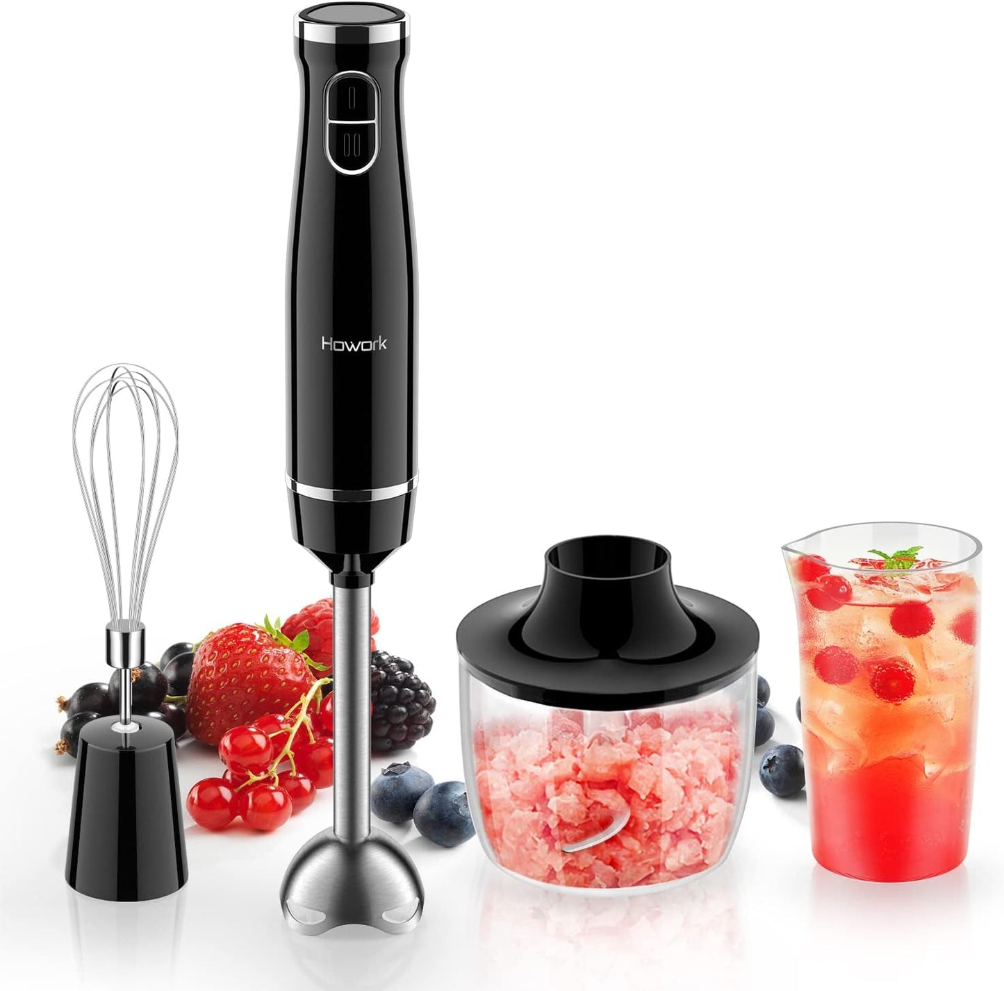 Howork 450W Immersion Hand Blender, 4-in-1 Multifunctional 2 Speed Stainless Steel Handheld Stick Blender, Titanium Cross Blade, 600ml Mixing Beaker and 500ml Food Processor, Dishwasher Safe, Black