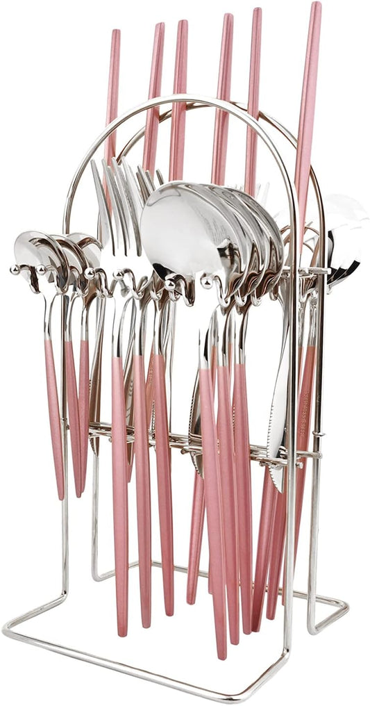 Pink Silver 24Pcs Flatware Set With Stand, Lightweight Dinnerware Set Stainless Steel Cutlery With Pink handles For Home Kitchen Wedding Party And Daily Use,Service For 6, Mirror Polish