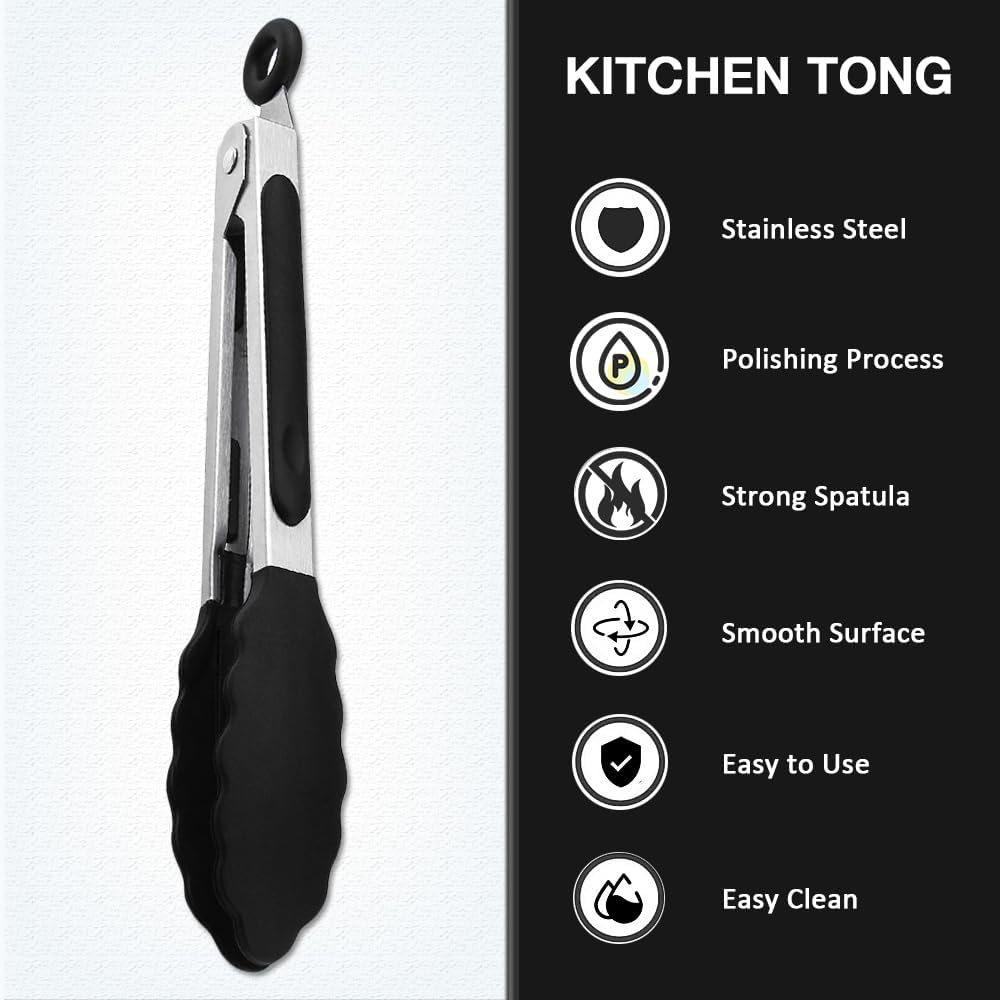 Mini Silicone Serving Tongs Set of 3, Small Kitchen Tongs (7 inch) with Silicone Tips and Stainless Steel Handle, Cooking Tongs for Salads, Pasta, Steaks, Vegetables