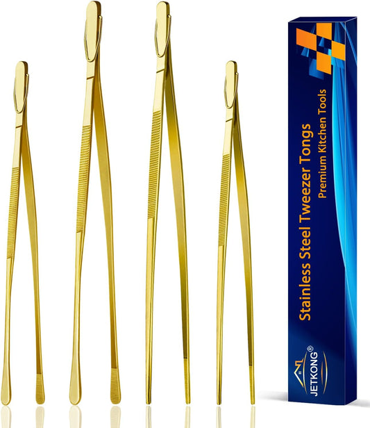 JETKONG 4 Pcs Kitchen Tweezers, 12'' and 10'' Stainless Steel Cooking Tweezers Set, High-Precision Tweezers Tongs for Cooking, Repairing, Seafood and BBQ (Gold)