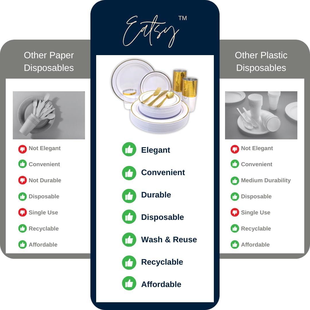 Tableware Dinnerware Set, Premium Heavyweight, Reusable or Disposable Party Plates, Includes Dinner Plate, Dessert Plate, Cutlery, and Cup (Gold, 150-Piece Set, Serves 25 Guests)