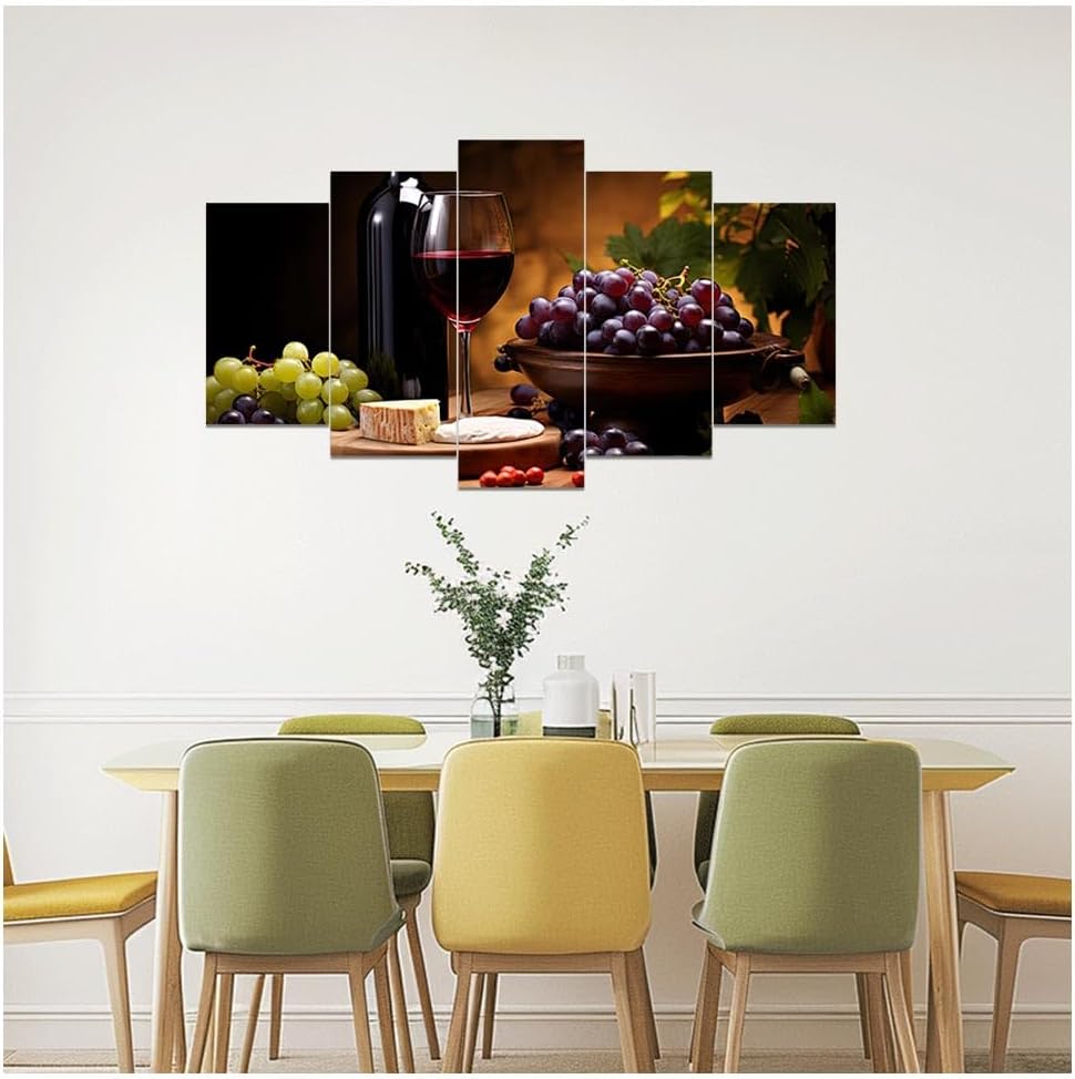 DOARTDO 5 Pieces Kitchen Wall Art Wine and Fruit Grape Pictures Food Canvas Prints Red Wine Cups Painting Large Kitchen Dining Room Bar Cellar Decor Framed (Brown, (8x14inx2 8x18inx2 8x22inx1))