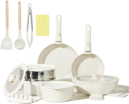 Nonstick Ceramic Cookware Set 21PCS with Detachable Handle, Pans and Pots Set, RV Kitchen Set Cookware Set, with Removable Handles, Oven Safe, Induction Ready, Stackable Non-stick Set