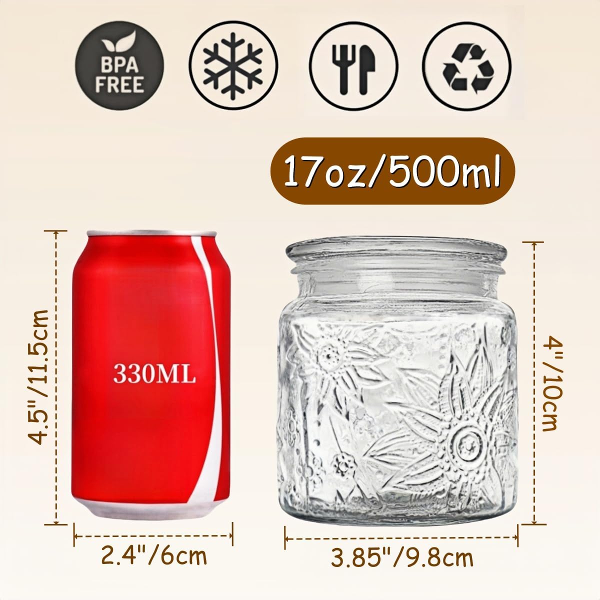 ANSQU Airtight Small Glass Jars with Lids, 17oz Food Storage Jar Clear Storage Container with Glass Lid for Kitchen Canning, Cereal, Sugar, Beans, Spice, Mason Jars (2 Pack)