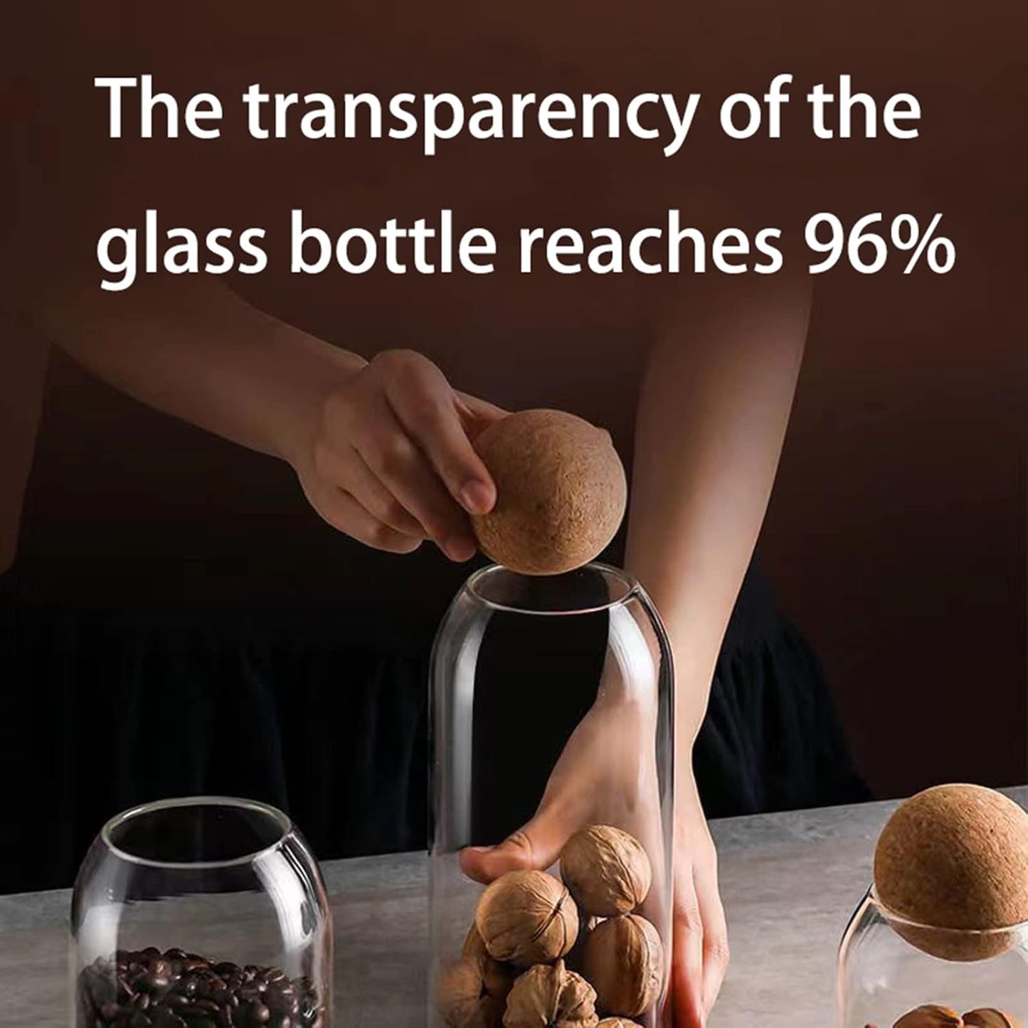 550ML/18Oz Clear Glass Bottles, Glass Food Storage Containers with Airtight Round Cork, Decorative Sealed Jar Organizer Holder with Wooden Lid for Candy, Cookie, Nut, Spice, Tea, Coffee Bean