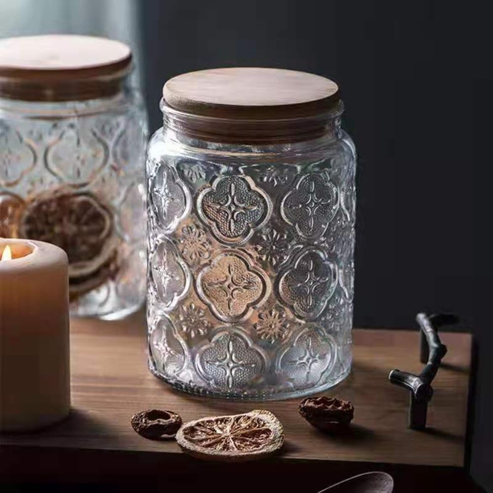 Vintage Glass Jar, Decorative Glass Jar with Bamboo Lid, Candy Jar Cookie Jar for Kitchen Counter, Pantry, 23.7 FL OZ Glass Storage Jar Holds Coffee, Tea, Sugar, Balth Salts