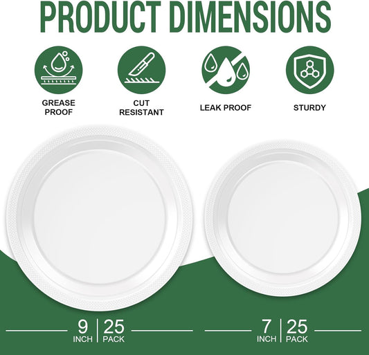 50 White Plastic Plates For Party, Includes 25-9" & 25-7" Cake Dessert Plastic Dinner Plates Disposable For Party Supplies