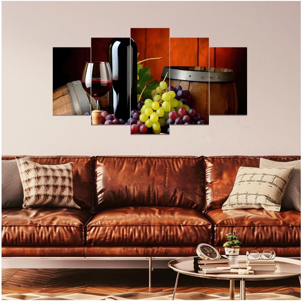 DOARTDO 5 Pieces Kitchen Wall Art Wine and Fruit Grape Pictures Food Canvas Prints Red Wine Cups Painting Large Kitchen Dining Room Bar Cellar Decor Framed (Red, (8x14inx2 8x18inx2 8x22inx1))