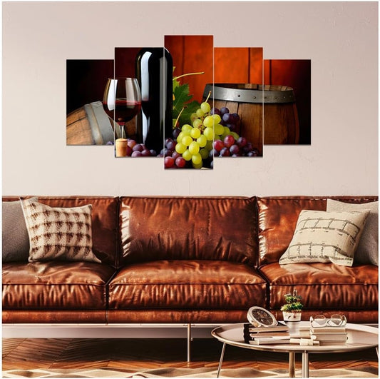 DOARTDO 5 Pieces Kitchen Wall Art Wine and Fruit Grape Pictures Food Canvas Prints Red Wine Cups Painting Large Kitchen Dining Room Bar Cellar Decor Framed (Red, (16x24inx2 16x32inx2 16x40inx1))