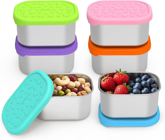 SOPHICO Stainless Steel Snack Containers for Kids, 8 oz Small Food Storage Container 1 Cup with Silicone Lid - Perfect 304 Metal Toddler Lunch Box for Daycare and School, Leak Proof (8oz, 6 Pack)