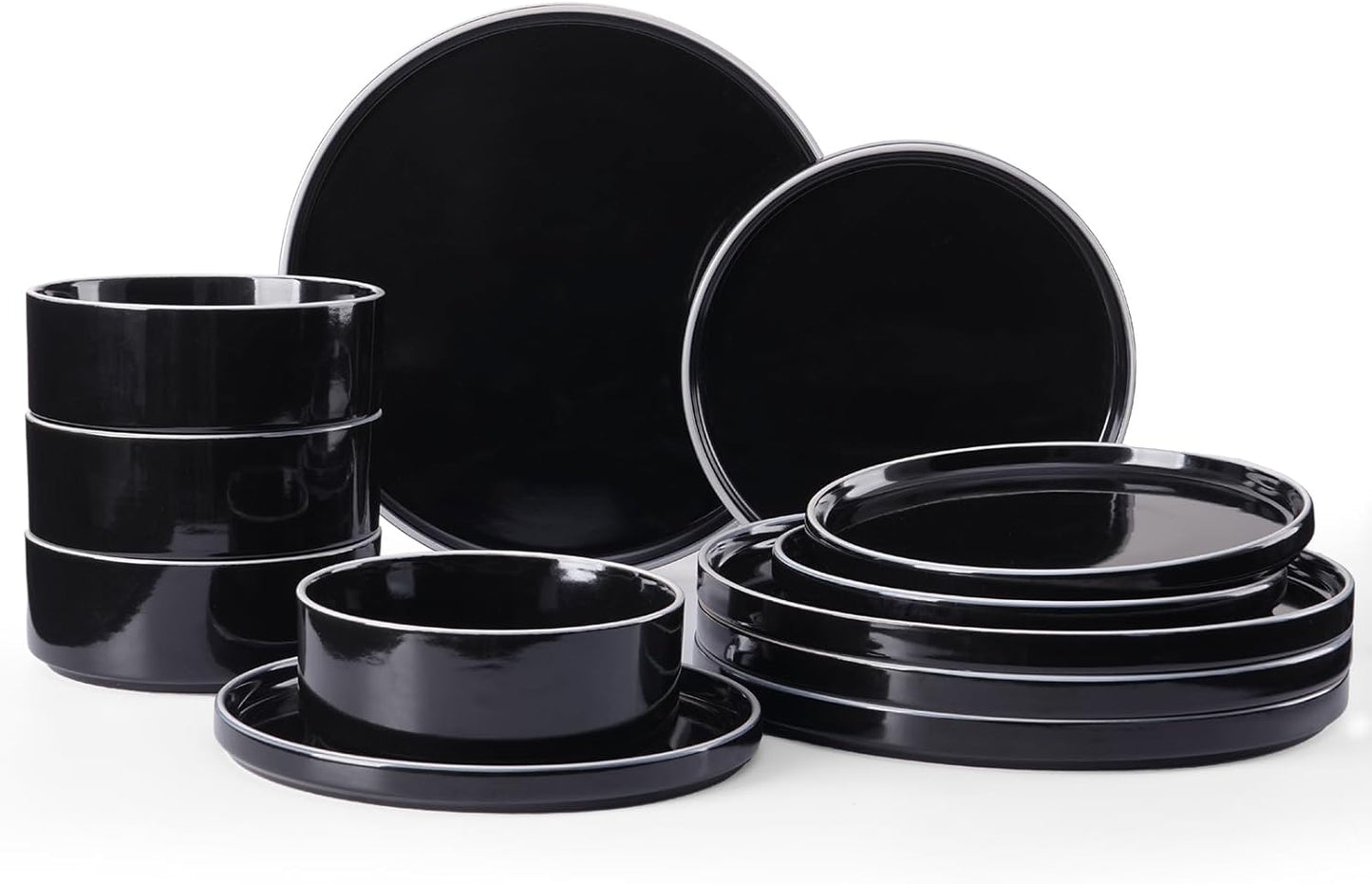 Famiware Nebula Plates and Bowls Sets for 4, 12 Pieces Stoneware Dinnerware Set, Microwave and Dishwasher Safe Dishes Set, Black with White Rim
