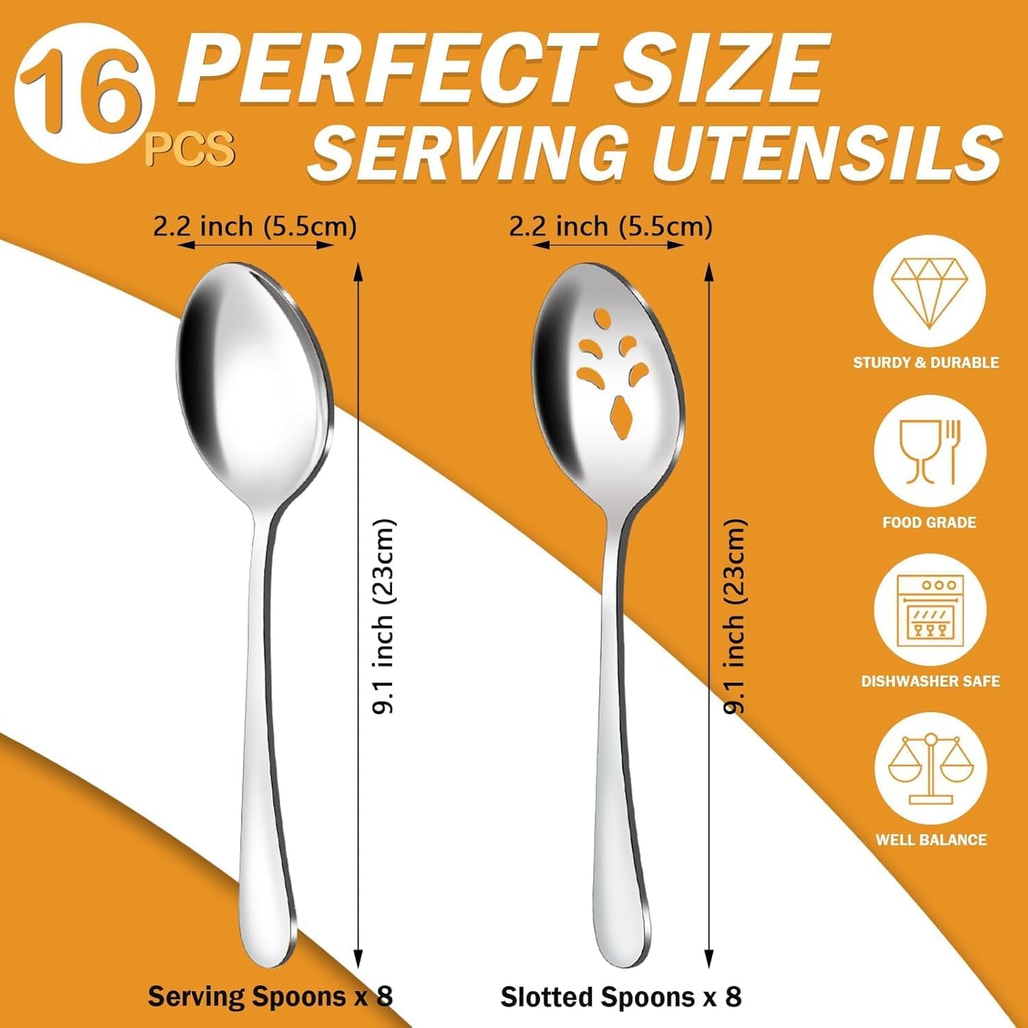 BEWOS 16-Piece Serving Spoons Set - Set of 8 Serving Spoons, Set of 8 Slotted Spoons, 9.1-Inch Utensils Set for Parties, Stainless Steel, Dishwasher Safe, Large Spoon For Buffet