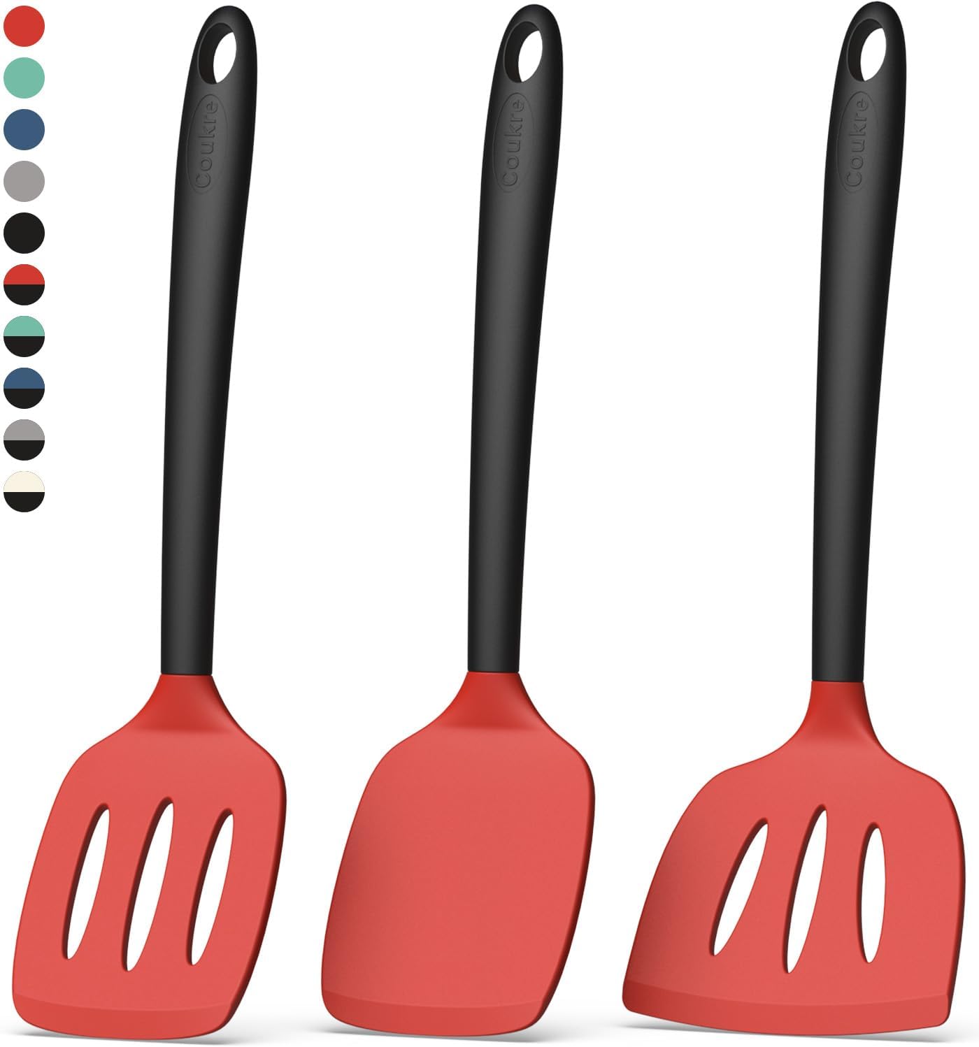 Coukre Silicone Spatula Set of 3, High Heat Resistant, BPA-Free, Kitchen Utensils, Fish Spatula, Solid & Slotted Turner for Non-Stick Pans, Flipping Eggs, Pancakes, Fish, Burgers (3, Red)