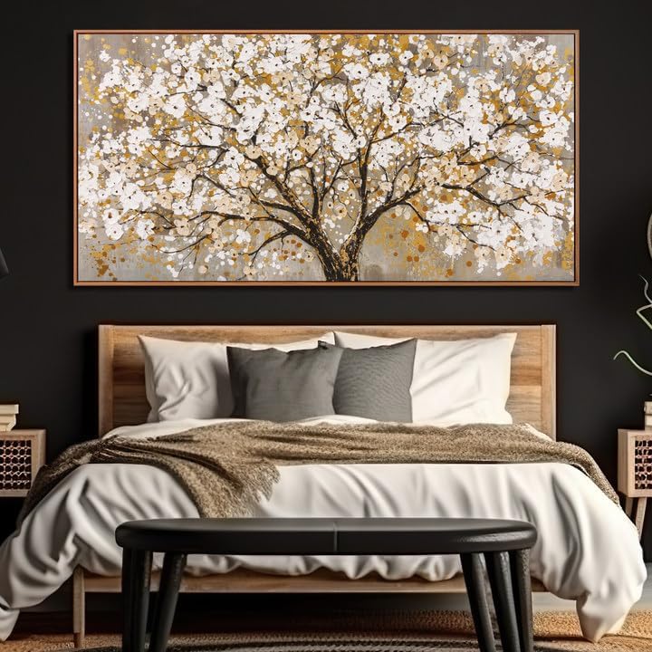Large Wall Art Print Gold Abstract Tree Of Life Framed Modern Artwork Canvas Painting Gold Tree Pictures Home Decor Ready To Hang For Bedroom Living Room 29" X 58"
