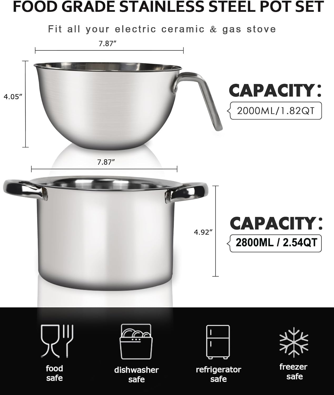 Marsheepy Double Boiler Pot Set,2000ML/1.8QT Mixing Bowl for Chocolate Melting, 2800ML/ 2.54QT 304 Stainless Steel Pot With Silicone Spatula for Melting Chocolate, Candy, Candle, Soap, Wax