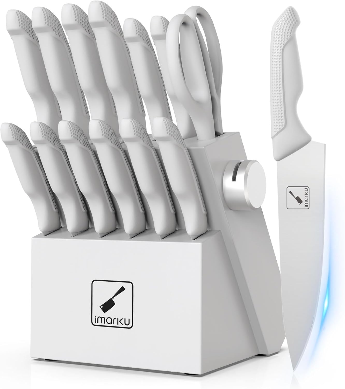 imarku® 14-Piece Kitchen Knife Set with Block and Sharpener, Professional Stainless Steel with Non-Slip Ergonomic Handle, Dishwasher Safe, Home Essential, Gray-White