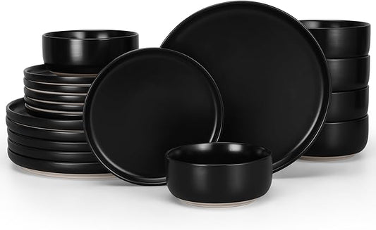 HaWare Stoneware Dinnerware Sets, 18-Piece Plates and Bowls Set for 6, Dishes Set for Home Restaurant, Frosting Black