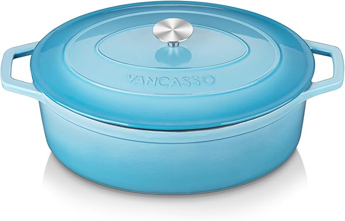 vancasso Enameled Cast Iron Dutch Oven, 9.3 Quart Dutch Oven Pot with Lid, Oval Dutch Oven Cast Iron Pot with Non Stick Coating for Bread Baking, Light Blue
