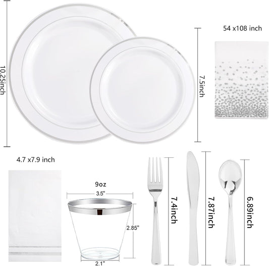 GATHER 176 Pieces Silver Plates - Disposable Silver Plastic Plates Includes 50 Plates, 75 Silverware, 25 Napkins, 25 Silver Rimmed Cups and 1 Tablecloth Perfect for Party & Weding