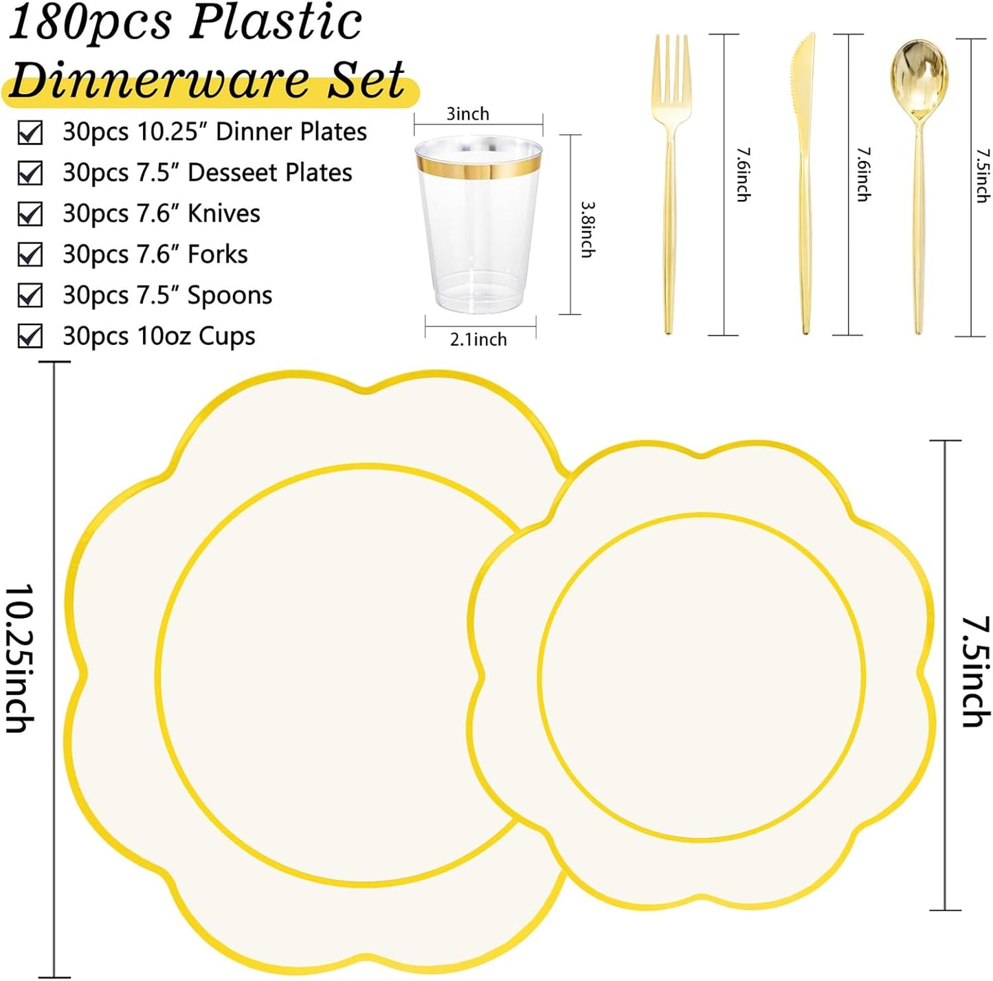 EI 180pcs Beige Plastic Plates with Gold Plastic Silverware,Heavy-Duty Disposable Plates for Party,White Dinnerware Set for 30 Guest Wedding,Birthday