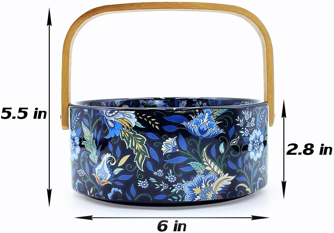 6" Ceramic Fruit Bowl with Wooden Handle Candy Dish Decorative Bowl Flower Basket Kitchen & Dining Table Office Decor(Black)