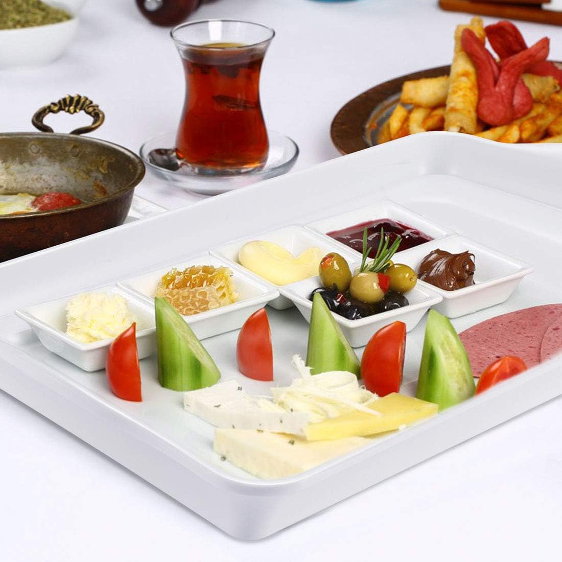 i BKGOO White Melamine Tray,Set of 3 Large Rectangular Serving Platters,Sturdy Foodserving Tray with Ear Size 15 x9.5x1 inch