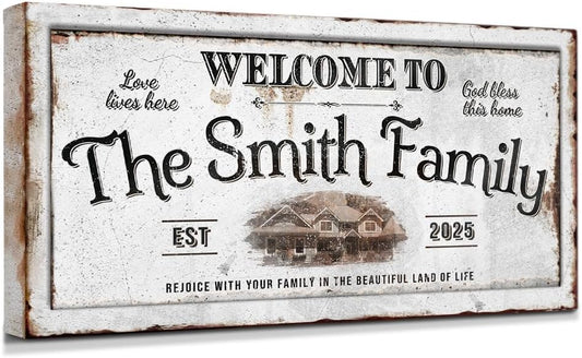 IPIC - Custom Family Welcome Sign, Personalized Canvas Wall Art with House Photo, Name & Date for Home Entryway or Hallway, Rustic Wall Decor Gift, Made in USA