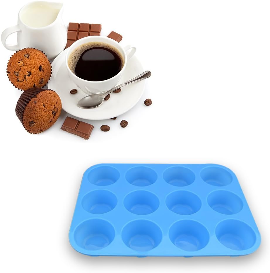 homEdge 12-Cup Silicone Muffin Pan, Pack of 2 Non-Stick Muffin Molds, Baking Pan for Cupcake, Tarts, Egg Bites-Blue