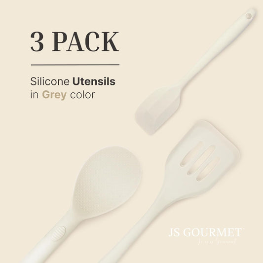 Silicone Utensils 3-Piece Set – Rubber Spatula, Slotted Turner, and Rice Paddle – Complete Heat-Resistant Set for Non-Stick Cookware – Kitchen Tools and Accessories for Cooking & Baking – Cream