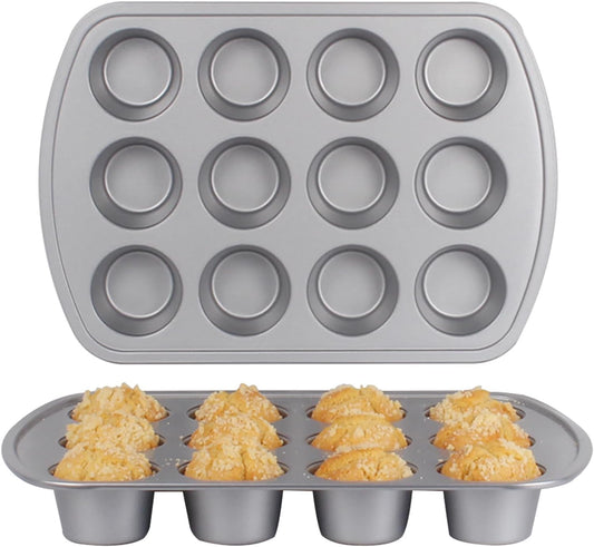 Deep Well Muffin Pan - 12-Cup 2-Pack, 1.77-Inch Deep Cups (50% More Batter), Heavy Duty Carbon Steel with Nonstick and Non-Toxic Coating, 15.9 x 11.1 Inches