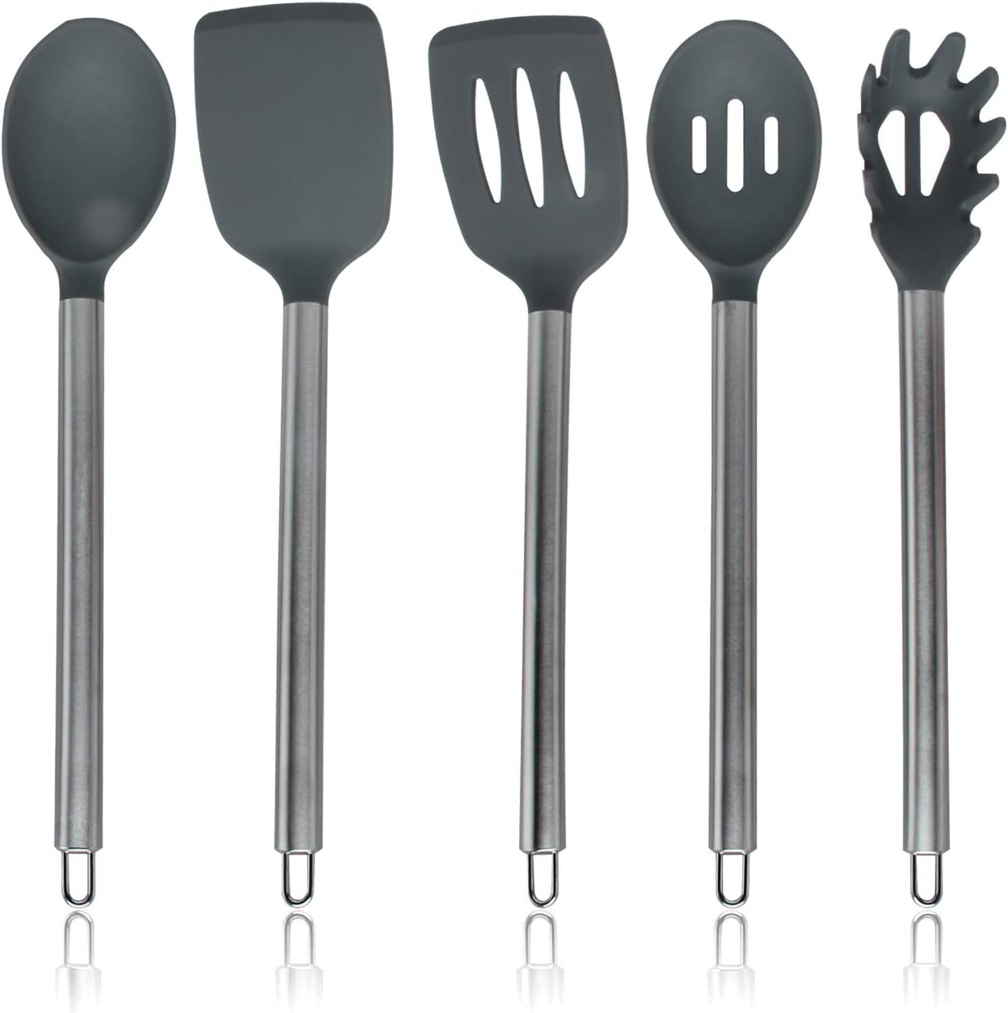 COOK WITH COLOR Silicone Cooking Utensils, Kitchen Utensil Set, Easy to Clean Silicone Kitchen Utensils, Cooking Utensils for Nonstick Cookware, Kitchen Gadgets Set, 5 Pieces, Gray - Stainless Steel