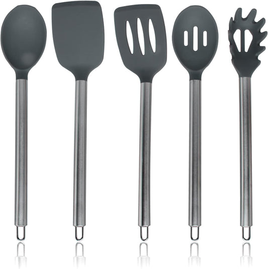 COOK WITH COLOR Silicone Cooking Utensils, Kitchen Utensil Set, Easy to Clean Silicone Kitchen Utensils, Cooking Utensils for Nonstick Cookware, Kitchen Gadgets Set, 5 Pieces, Gray - Stainless Steel