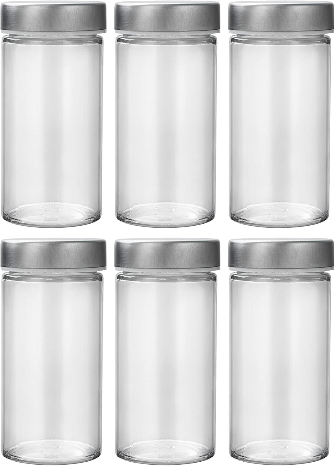 6 Pcs Glass Spice Jars/Bottles for Rotating Spice Rack-3oz Empty round Spice Containers with Airtight Metal Caps with Shaker Lids (6, Stainless Steel Lids)