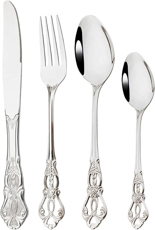 Royal 24-piece Mirror Silver Silverware Dinnerware, 18/10 Stainless Steel Luxury Flatware Service For 6 Include Knives/Forks/Spoons/Teaspoons, Dishwasher Safe