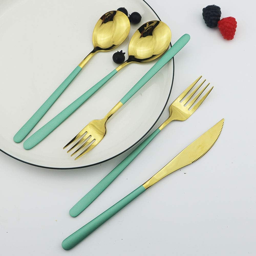 JASHII Flatware Set SUS304 Stainless Steel Silverware Set 20-Piece Cutlery Set, Smooth Surface and Mirror Polish, Fit for Kitchen Hotel Restaurant Tableware Set.(Green gold)