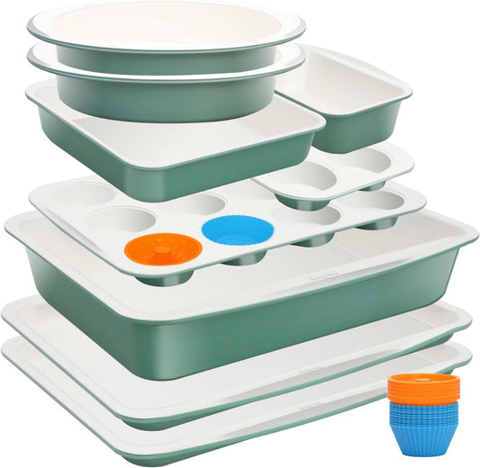Ceramic Nonstick Baking Pans Set, Non Toxic 33 PCS Stackable Bakeware Sets, 550°F Oven Safe Baking Sheet & Pans, Warp-Free, Dishwasher Safe, PTFE/PFOA/PFOS-Free (Green)