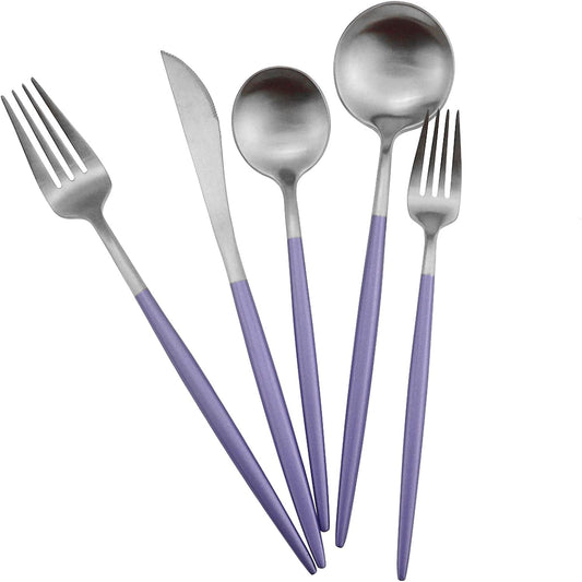 Gugrida Luxury Flatware, Royal 20 Piece Matte Purple Handle 18/10 Stainless Steel Tableware Sets for 4 Including Forks Spoons Knives, Camping Silverware Travel Utensils Set Cutlery (Purple Silver)